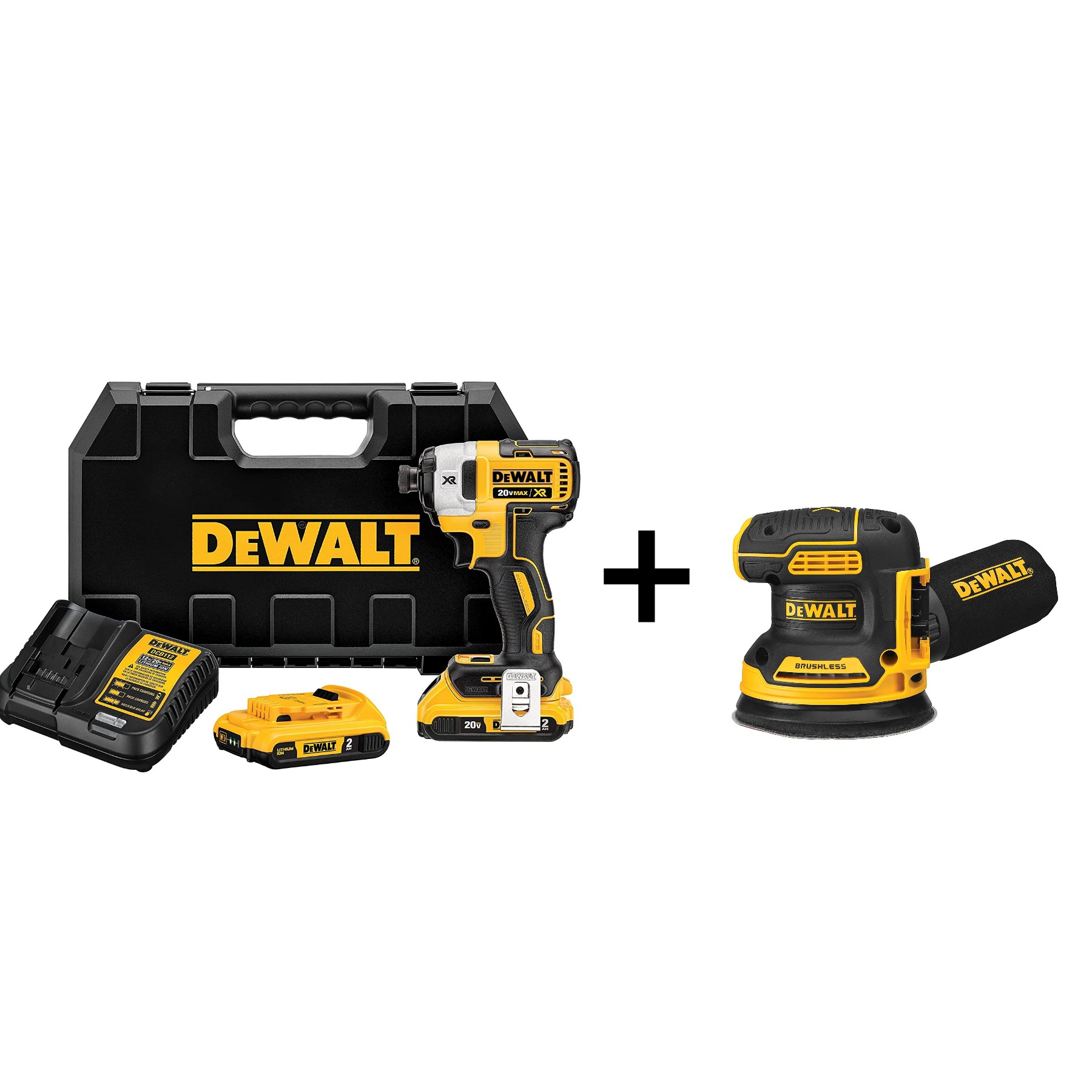 באנדל מלטשת אקסצנטרית וסט מברגת אימפקט דיוולט DEWALT 20V DCF887D2 + DCW210B