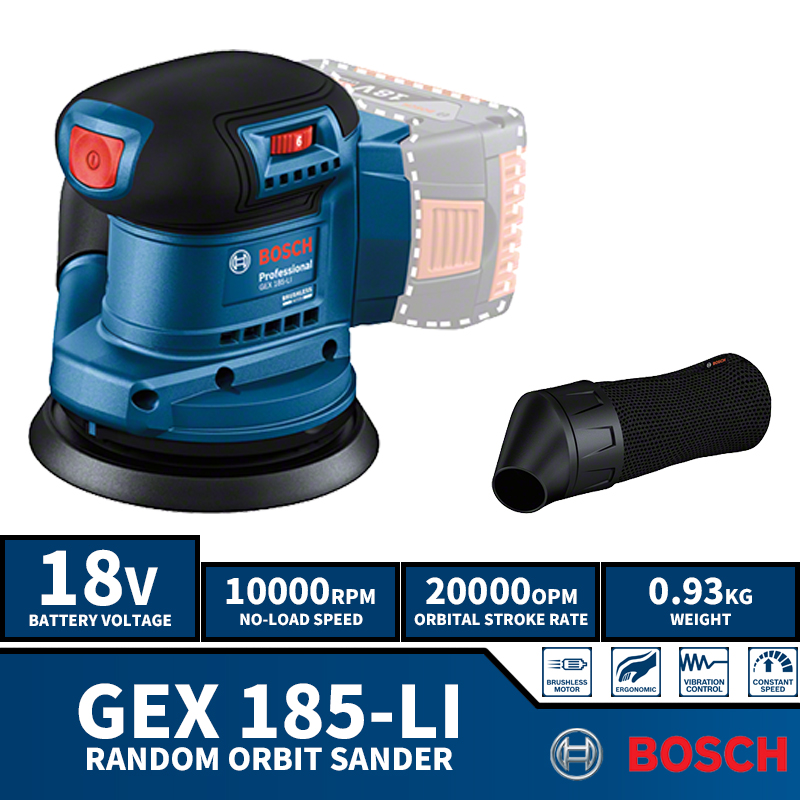 מלטשת אקסצנטרית ניידת בוש BOSCH 18V GEX 185 LI Brushless