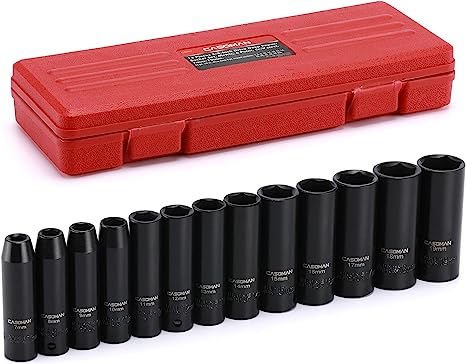 סט בוקסות עמוקות CASOMAN 13 Pieces 3/8-Inch Drive Impact Socket Set, 6-Point, Metric, Deep, CR-V, 7mm to 19mm