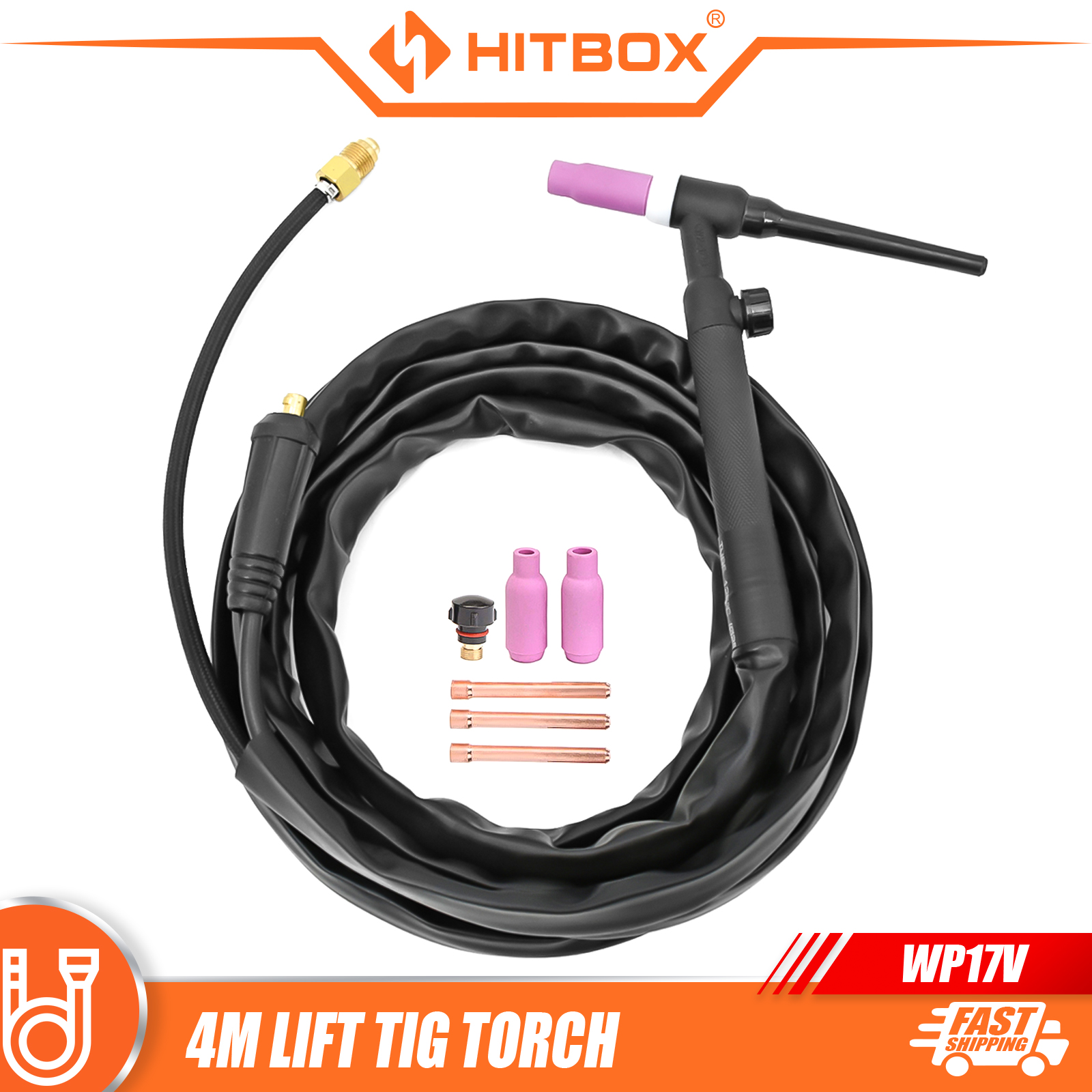ידית ריתוך טיג HITBOX TIG Gas Burner Welding Torch WP17V 13ft 4M 10-25mm Adapter 140A 150-Amp Air Cooled SR-17V Argon Gun Tools