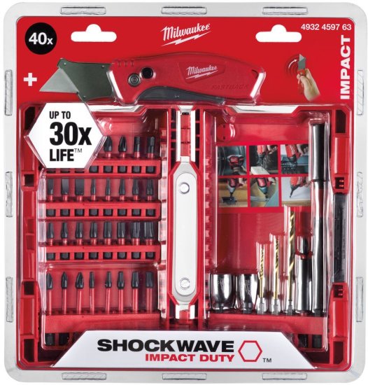סט ביטים ומקדחים למברגה + סכין אולר מתקפלת 40 חלקים Milwaukee Shockwave