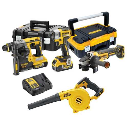 קומבו 4 כלים דיוולט הכולל פטישון + מברגת אימפקט + משחזת זווית ומפוח טכני + 2 סוללות 5.0AH DEWALT 18V