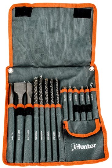 סט 14 חלקים מקדחי SDS ראש צלב ואיזמלים בתיק בד האנטר Hunter CrossTip
