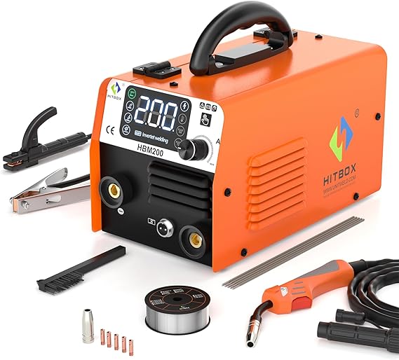רתכת היטבוקס משולבת HITBOX 200A MIG Welder 110V 220V, Flux Core Welder/Stick ARC/Lift Tig 3 In 1 Gasless Mig Welding Machine with Synergy Dual Voltage IGBT Inverter Welder
