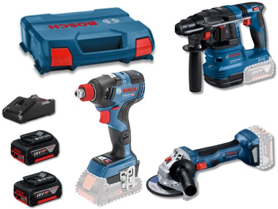 קומבו 3 כלים נטענים 18V - פטישון GBH 18V-22 + מברגת אימפקט/מפתח רטיטה GDX 18V-200 + משחזת זווית GWS 18V-7 + זוג סוללות 4Ah, מטען ומזוודה למברגה מבית Bosch