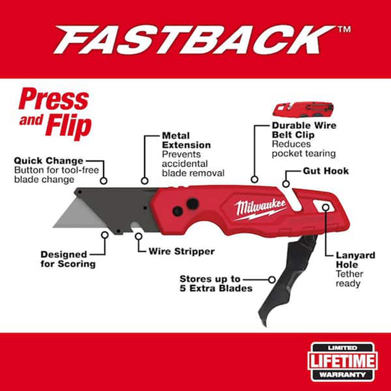 סכין יפנית רב-שימושית Milwaukee FASTBACK עם מנגנון פתיחה מהירה דגם 48-22-1502