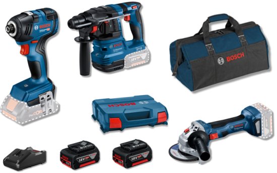 סט 3 כלים נטענים 18V - פטישון GBH 18V-22 + מברגה GDR 18V-200 + משחזת זווית GWS 18V-7 + זוג סוללות 4Ah, מטען, תיק נשיאה ומזוודה מבית Bosch