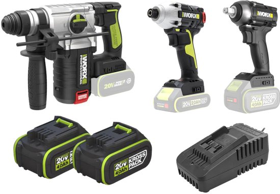 סט כלים 20V - פטישון 24 מ"מ + מברגת אימפקט + מפתח רטיטה + 2 סוללות 4Ah + מטען Worx