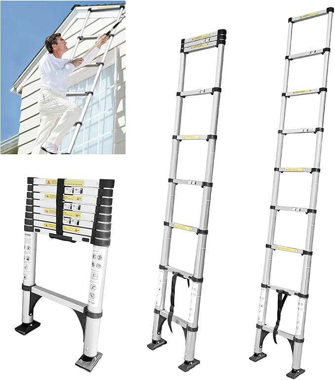 סולם טלסקופי 2.6 מטר יחיד עם מייצבים מוגדלים JADDUO 8.5ft Telescoping Ladder