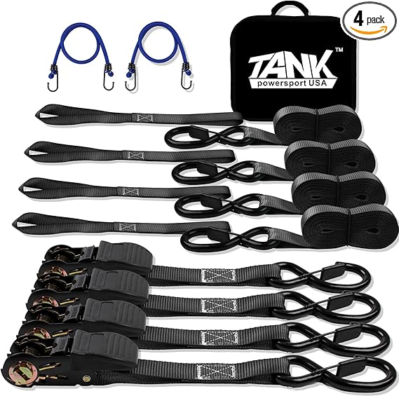 רצועות קשירה חזקות במיוחד עם ראצ'ט TANK powersport USA – סט של 4 יחידות צבע שחור