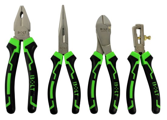 סט 4 פליירים: מקצועי, ארוך, חושף חוטים, וחותך מאסיבי מבית Bolt