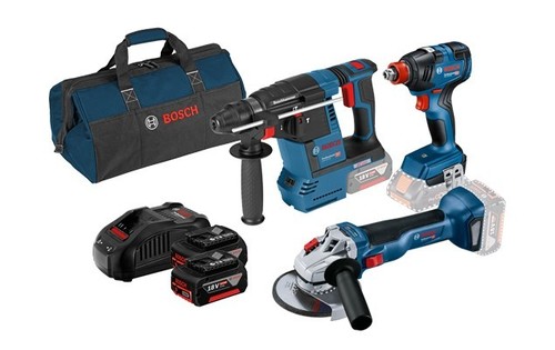 סט פטישון GBH 18V-26 + אימפקט GDX 18V-200C + משחזת בוש GWS 18V-10 + כולל שתי סוללות 5 AH , מטען GAL1880 ותיק נשיאה Bosch