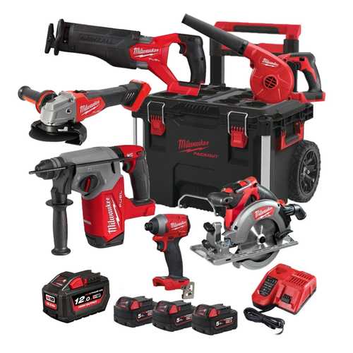 סט קומבו מילווקי מפואר 6 כלים – 5 כלים מסדרת פיול + מפוח טכני פחמים עם 3 סוללות של 5Ah וסוללת 12.0Ah בארגז פאקאאוט Milwaukee m18 Fuel