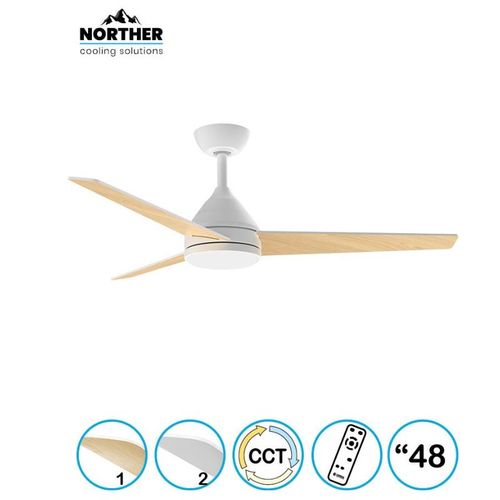 מאוורר תקרה NORTHER 48" YOUNG מנוע DC שלוש כנפיים MDF כולל שלט ולד 24W CCT לבן+עץ