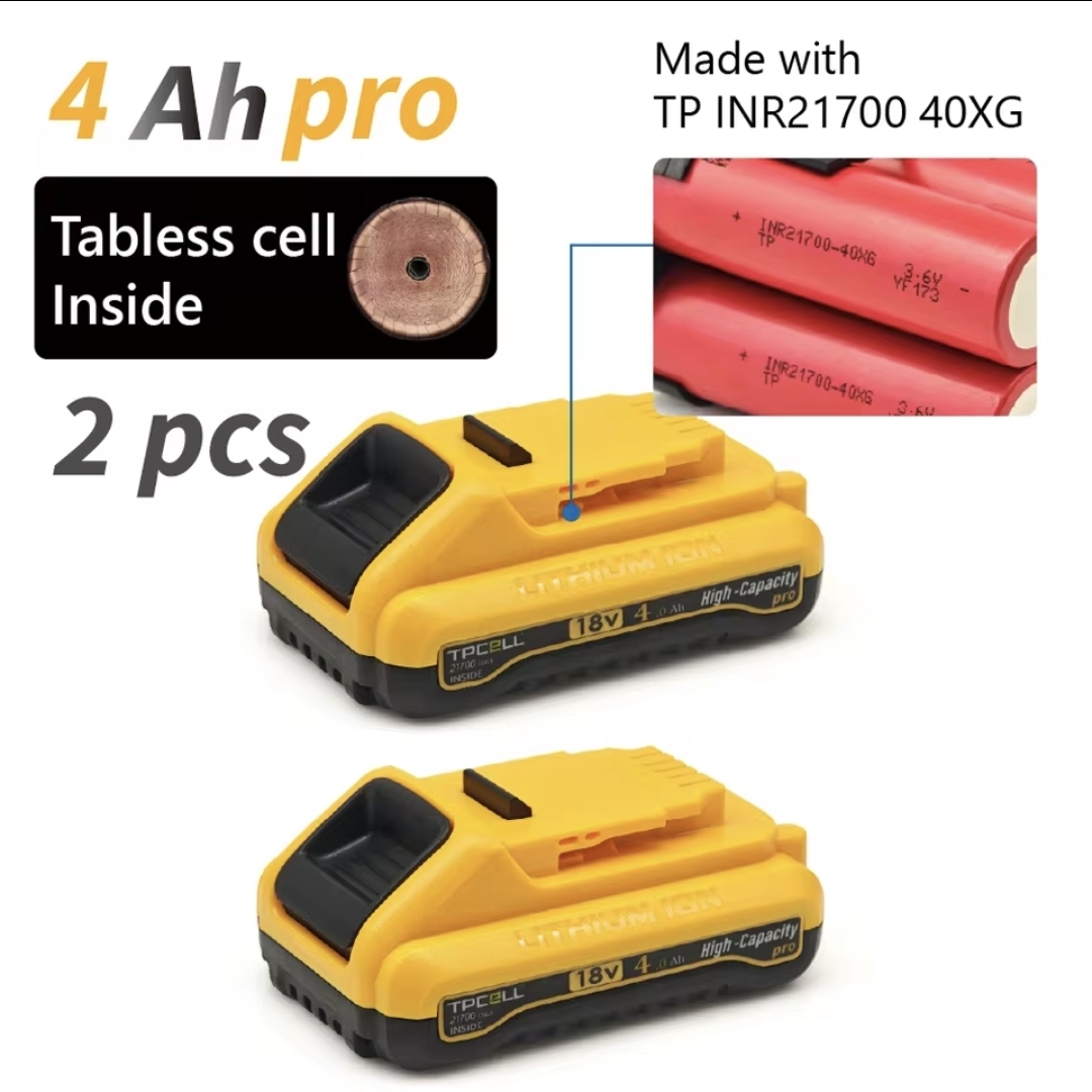 זוג סוללות מקצועיות מהדור החדש טאבלס עבור דיוולט TPCELL PRO 4.0Ah For DeWalt M18 21700 Tabless cells High Output