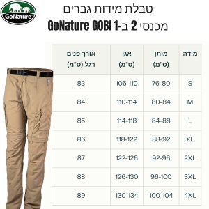 טבלת מידות מכנסי גובי