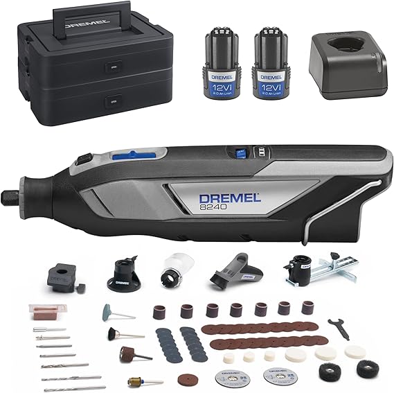 סט דרמל / משחזת ציר מולטיטול אלחוטי Dremel 8240 12V 2Ah עם 2 סוללות, 5 מתאמים, קופסה קשיחה ו-65 אביזרים
