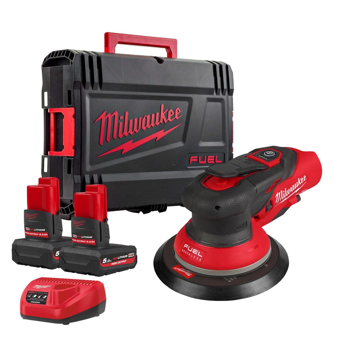 סט אולטרא פרימיום – משייפת אקסצנטרית נטענת 6 אינץ' / 150 מ"מ כולל 2 סוללות 5.0 אה, מטען ומזוודת HD דגם Milwaukee M12 FUEL FROS2.5-502X