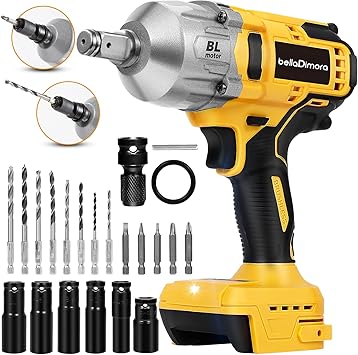 מפתח אימפקט נטען 1/2 אינץ’ – תואם סוללות Dewalt 20V Max עם 7 בוקסות אימפקט וסט ביטים ומקדחים + מתאם מ½ ל¼ אינץ