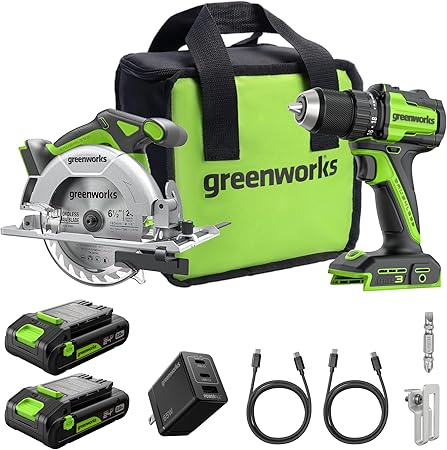 קומבו Greenworks סט כלי עבודה 24V נטענים – מברגה/מקדחה + מסור עגול Brushless כולל 2 סוללות 2.0Ah עם טעינת USB-C, מטען מהיר 65W