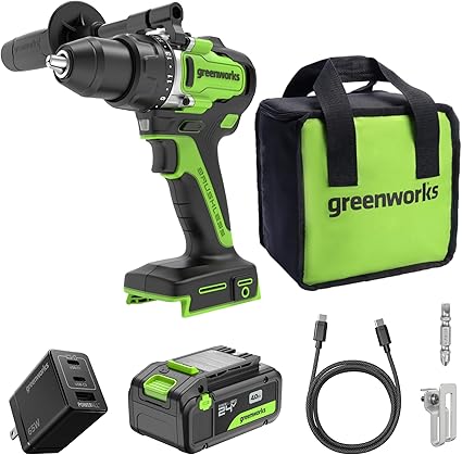 סט מברגה מקדחה פוטר נטענת Greenworks 24V Brushless Drill/Driver 90Nm כולל סוללת ליתיום-יון 4.0Ah עם טעינת USB-C מהירה ומטען מהיר 65W  