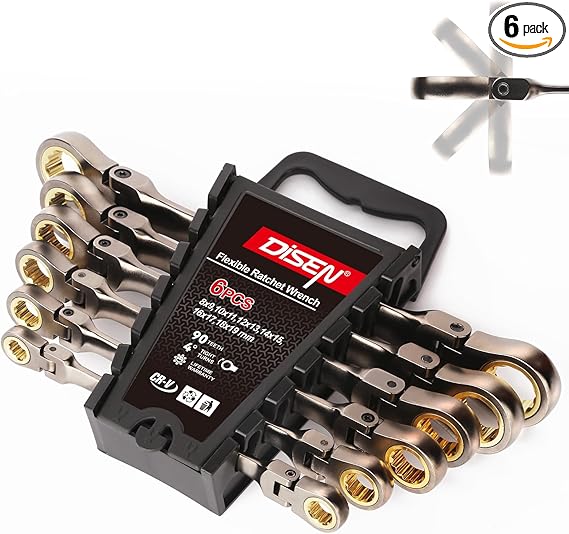 סט מפתחות ראטצ'ט DISEN 6PCS 90T Wrench Set with Organizer, 12 Point 4° Swing Arc, CR-V Steel