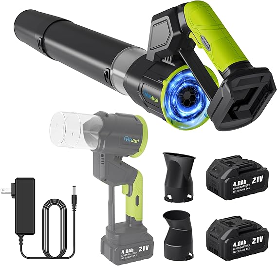 סט מפוח עלים אלחוטי VIPDIGI עם ידית מתכווננת 180° כולל 2 סוללות ליתיום 21V בנפח 4.0Ah ומטען