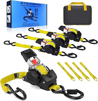 רצועות קשירה ראצ'ט אוטומטיות ננעלות מתכווננות StrapsPro 305&times;2.5 cm סט של 4 יחידות בצבע צהוב