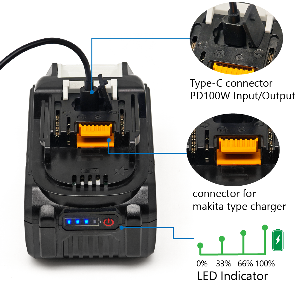 סוללת טאבלס אולטרא פרימיום עבור מקיטה TPCELL PRO TABLESS 8.0Ah 18V עם תוספת טעינת TYPE-C 100W