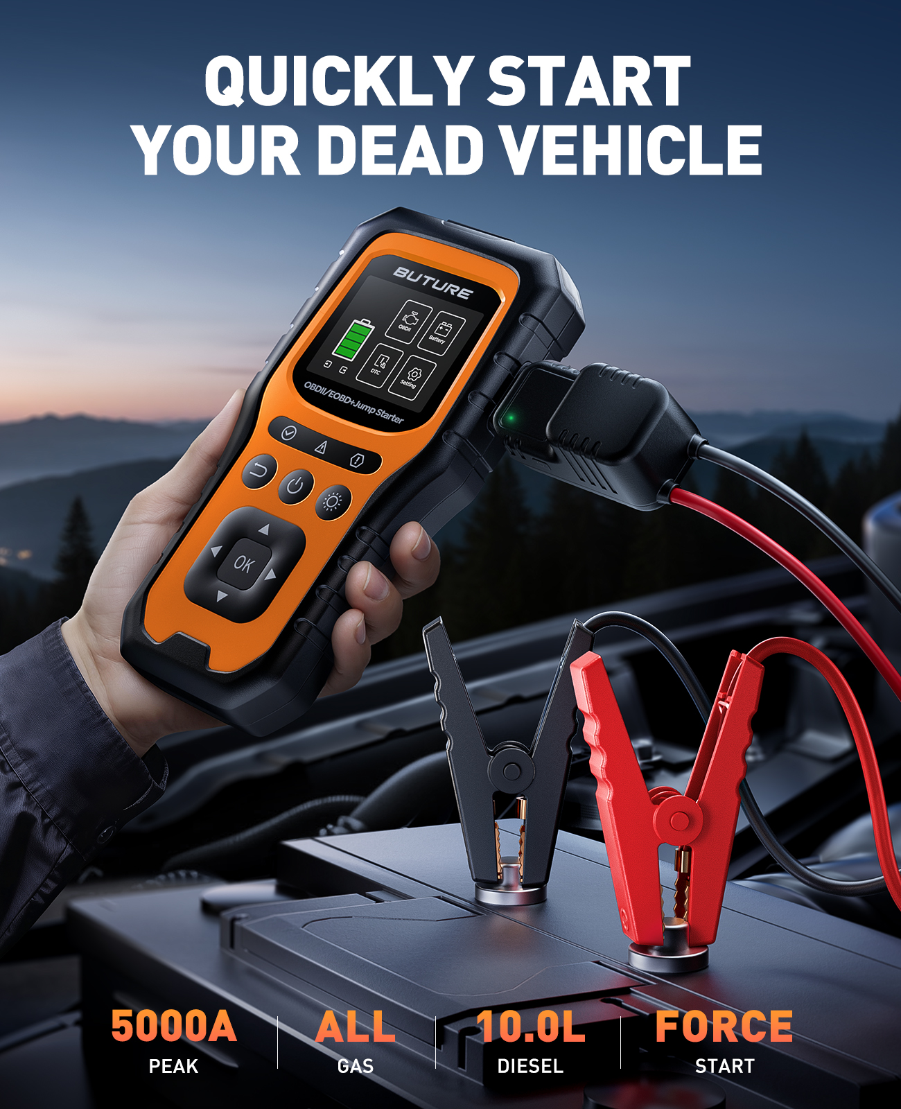 בוסטר התנעה BUTURE 5000A נייד עם אבחון מלא OBD II וקיבולת 16800mAh