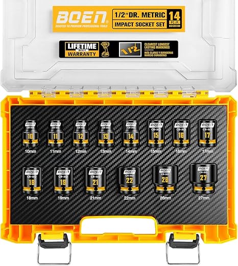 סט בוקסות אימפקט מטריות 1/2 אינץ' BOEN Pro – סט 14 חלקים (10-27 מ"מ)
