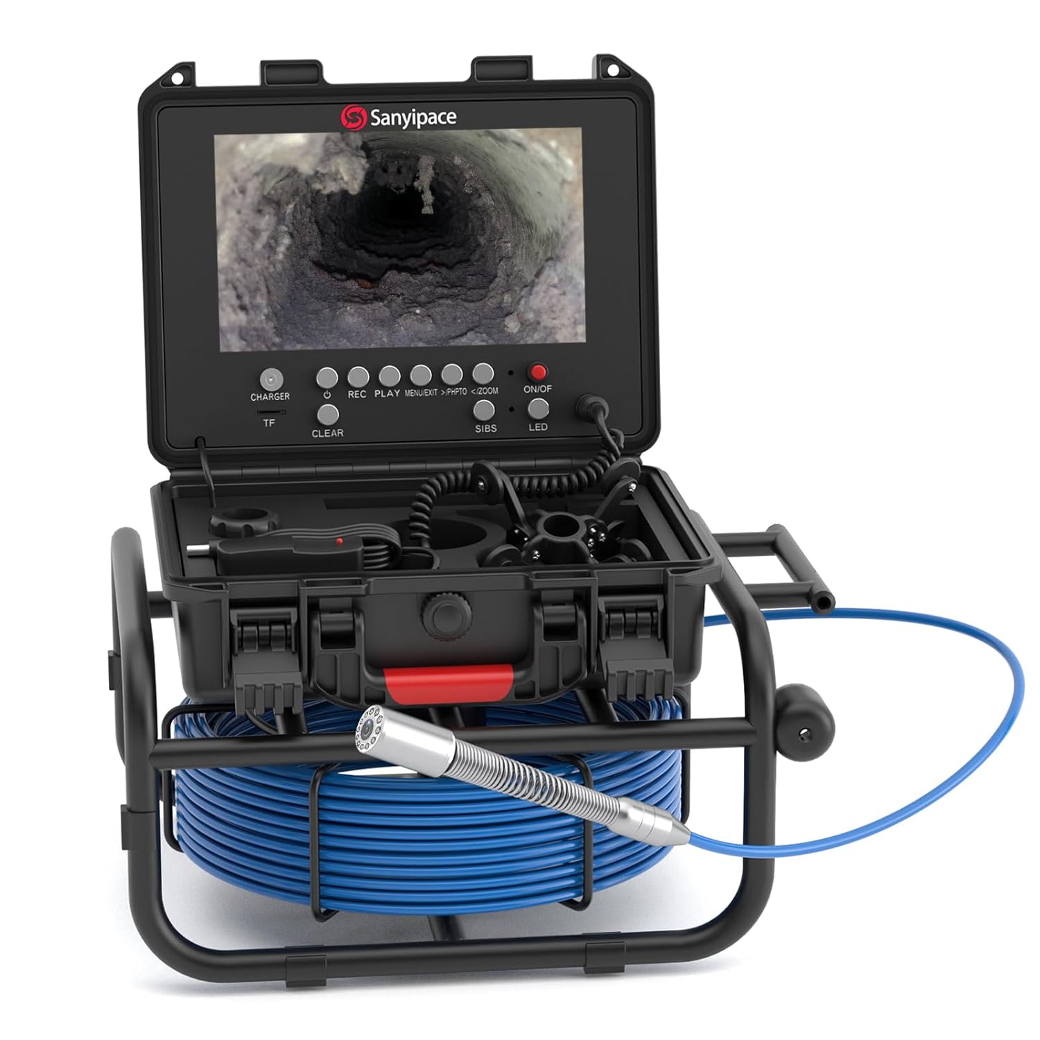 מצלמה ביוב לאיתור נזילות וחסימות עם אנדוסקופ באורך 30 מטר ומסך 9 אינץ' באיכות FULL HD בגוף משוריין מתכתי לכבל ומזוודה קשיחה למסך