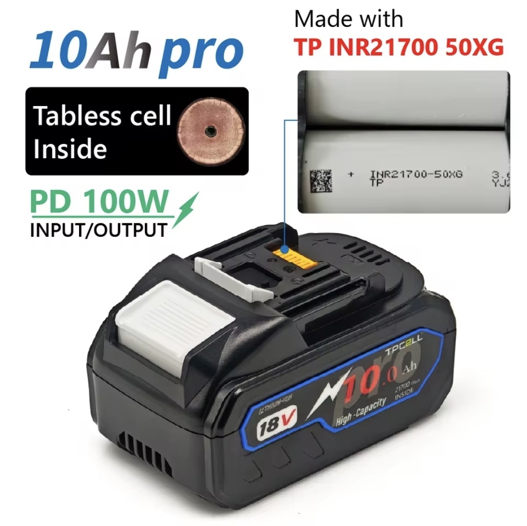 סוללת טאבלס אולטרא פרימיום עבור מקיטה TPCELL PRO TABLESS 10.0Ah 18V עם תוספת טעינת TYPE-C 100W
