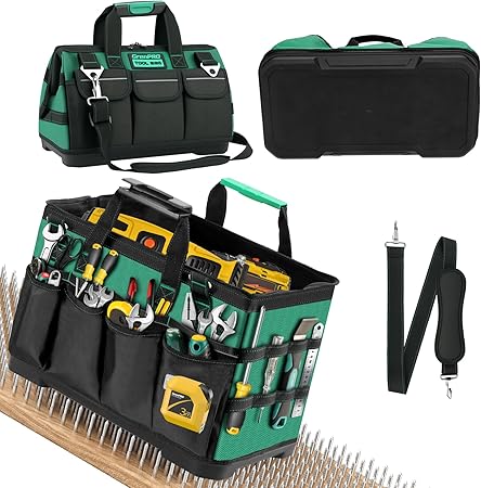 תיק כלים עמיד למים עם בסיס מוקשח, כיסים חיצוניים ופנימיים מרובים ופתח רחב, ידית קצרה מחוזקת וידית ארוכה לנשיאה על הכתף