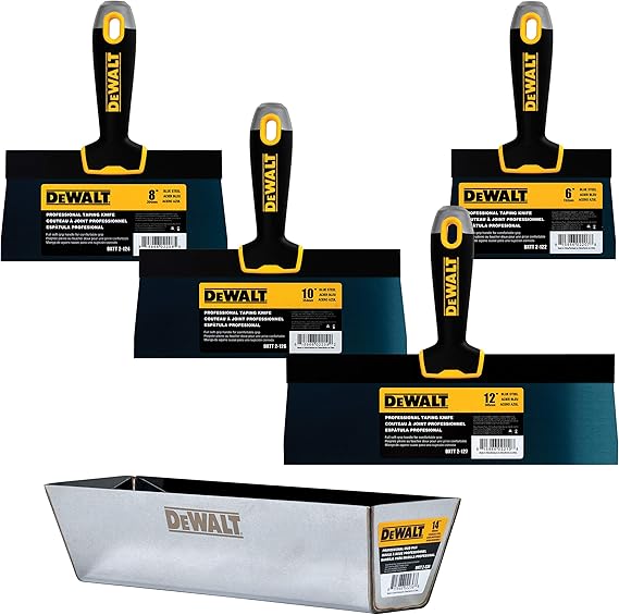 DEWALT Blue Steel Taping Knife & Mud Pan Set + Free Bonus 6" Knife | 8/10/12-Inches | Soft Grip Handles | DXTT-3-164