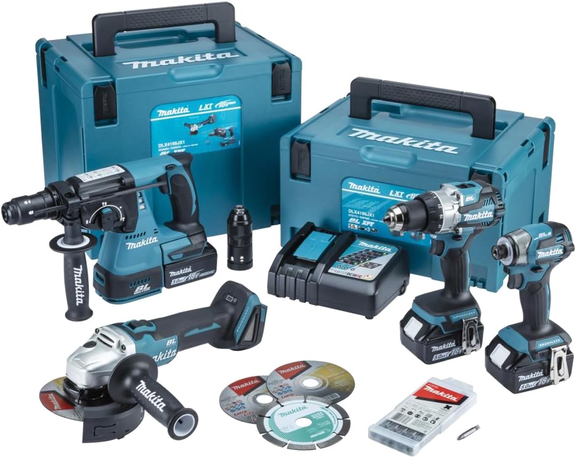 קומבו 4 כלים מקיטה בראשלס עם 3 סוללות 5.0Ah ומטען מהיר Makita 18V DLX4195JX1