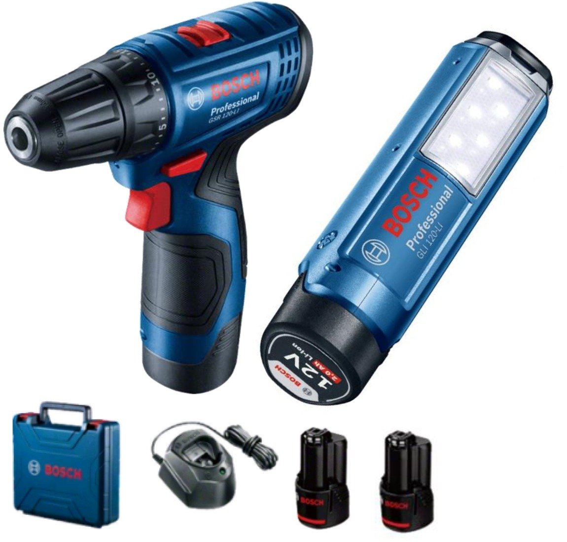 סט מברגה/מקדחה קומפקטית בוש Bosch GSR 120 LI 12V + פנס נטען GLI 120-LI