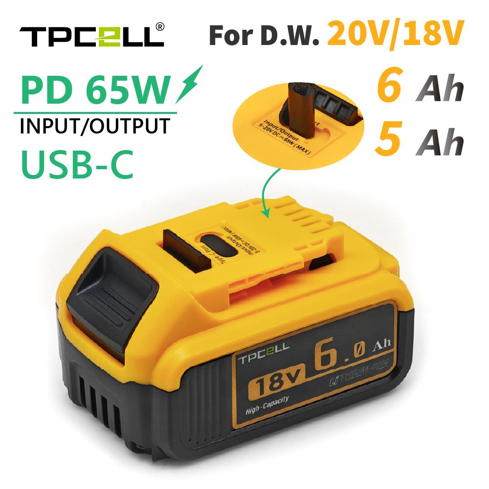 זוג סוללות גנריות לדיוולט TPCELL For DeWalt 6.0Ah תואמות לכלי עבודה של DeWalt 18V/20V עם טעינת Type C
