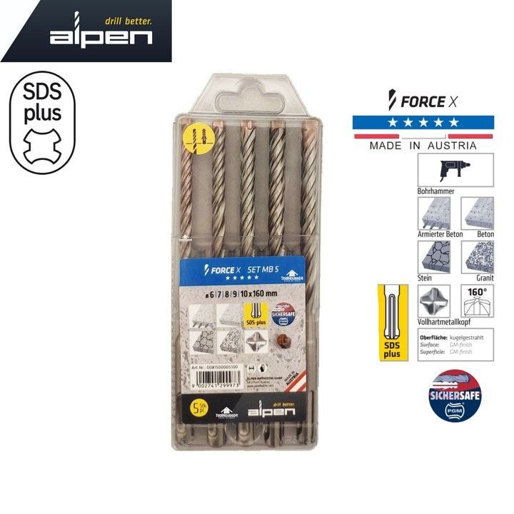 סט 5 מקדחי פטישון Force X מדורג מבית ALPEN לפטישון SDS+ במידות 6,7,8,9,10 מ"מ