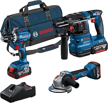 קומבו קבלנים 3 כלים בוש Bosch Professional 18V System Akku-Combo Kit: GSB 18V-45 + GBH 18V-22 + GWS 18V-8 (inkl. 3x GBA 4.0Ah, GAL 18V-40)