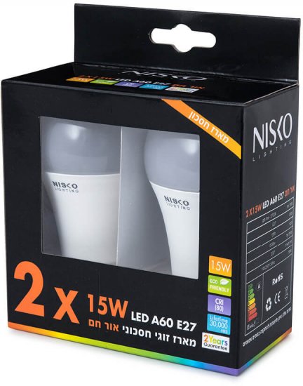 זוג נורות LED ליבון NISKO 15W E27 A60 &ndash; אור חם גוון אור 2700K