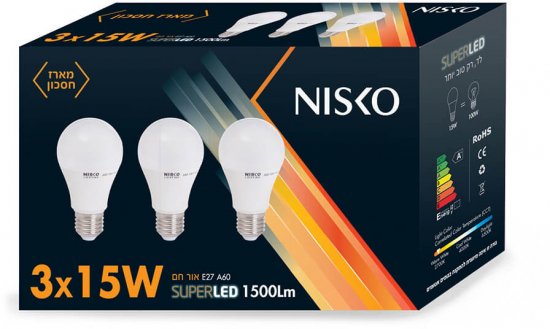 זוג נורות LED ליבון NISKO 15W E27 A60 – אור חם גוון אור 2700K