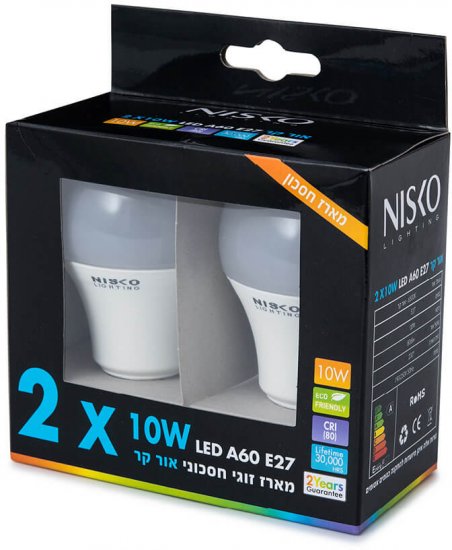 זוג נורות LED ליבון NISKO 10W E27 A60 &ndash; אור קר 6500K