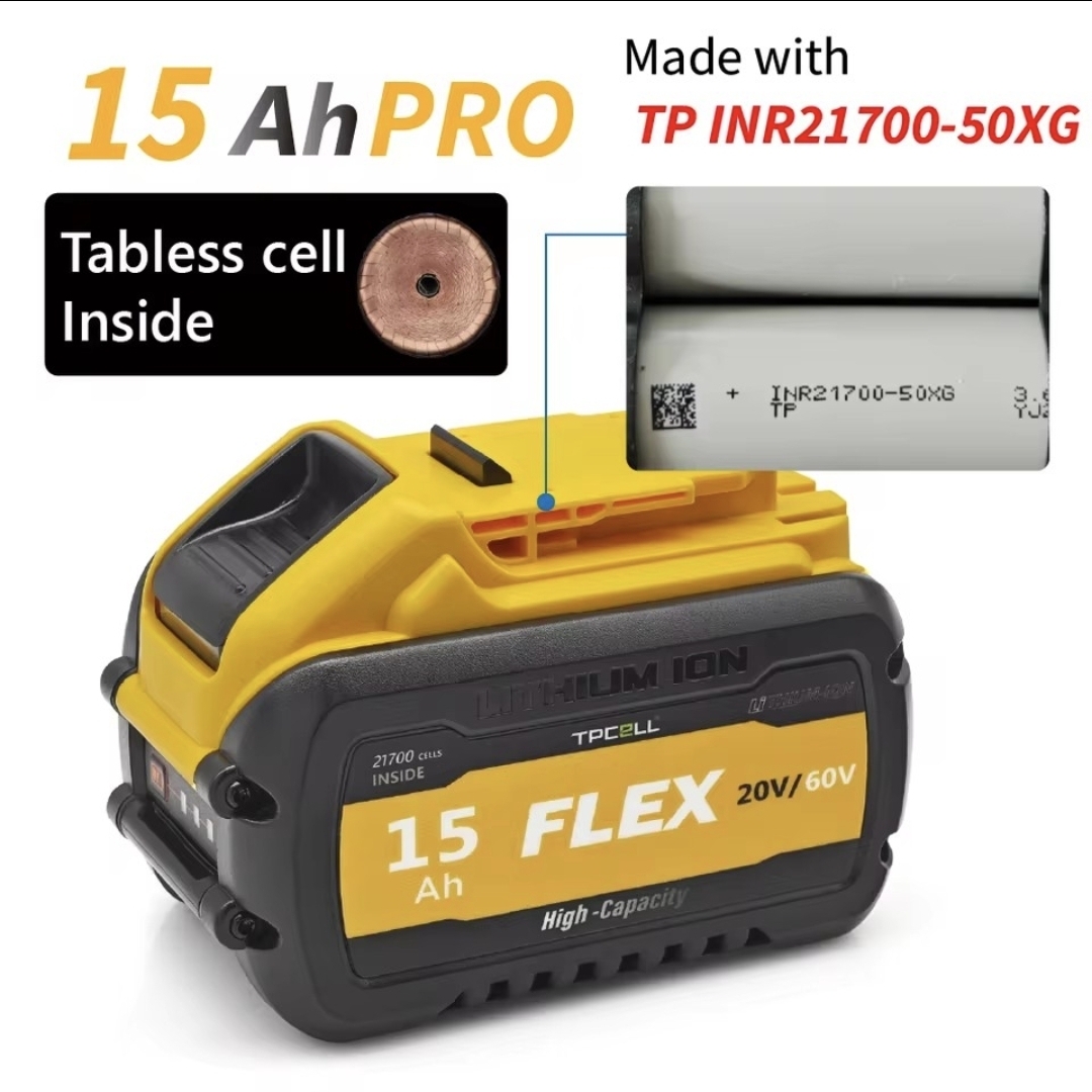 סוללה 15.0Ah גנרית לדיוולט פלקסוולט 54V/60V max טאבלס תאי ליתיום 21700  TPCELL TABLESS PRO