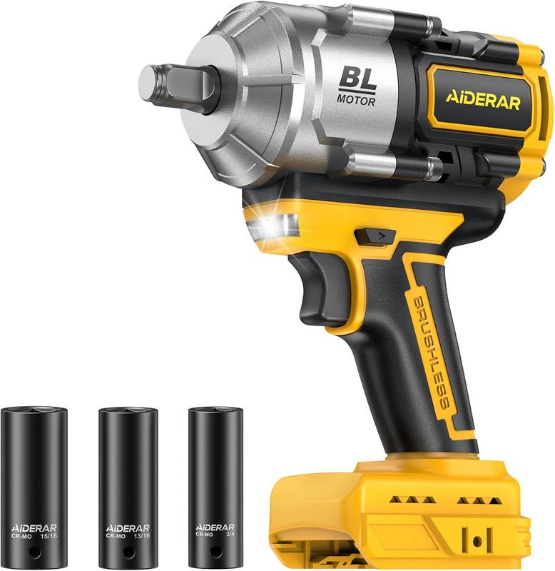 מפתח אימפקט נטען תואם DeWalt 20V עם מומנט מרבי 1500Nm (1106 Ft-Lbs) מנוע ברשלס, 3 מהירויות, סט בוקסות, ללא סוללה
