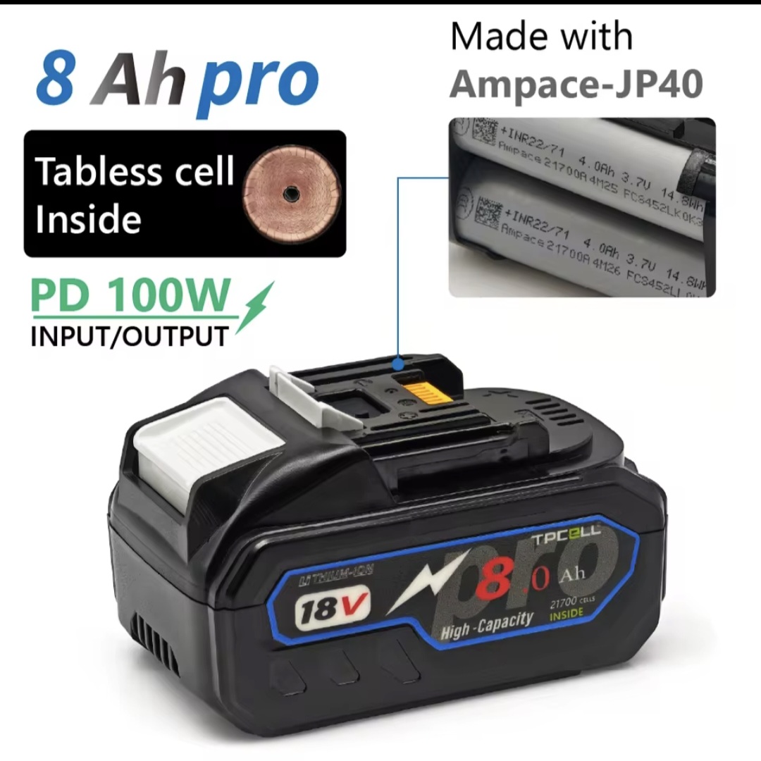 סוללת טאבלס אולטרא פרימיום עבור מקיטה TPCELL PRO TABLESS 8.0Ah 18V עם תוספת טעינת TYPE-C 100W