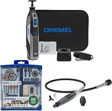 סט דרמל נייד Dremel 8250 12V Brushless Rotary Tool (4 Items) | Dremel 8250 Cordless Brushless Rotary Tool, 3.0ah, Includes 225-02 Flex Shaft, 710-08 160-Piece Kit, 4486 Chuck
