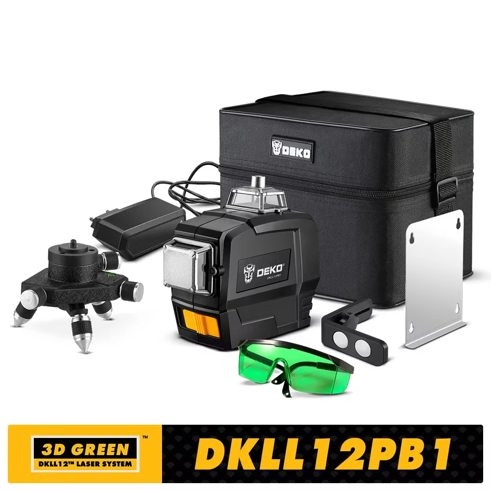 סט פלס לייזר ירוק 3&times;360&deg; DEKO DKLL12PB1 עם 12 קווים FULL GREEN