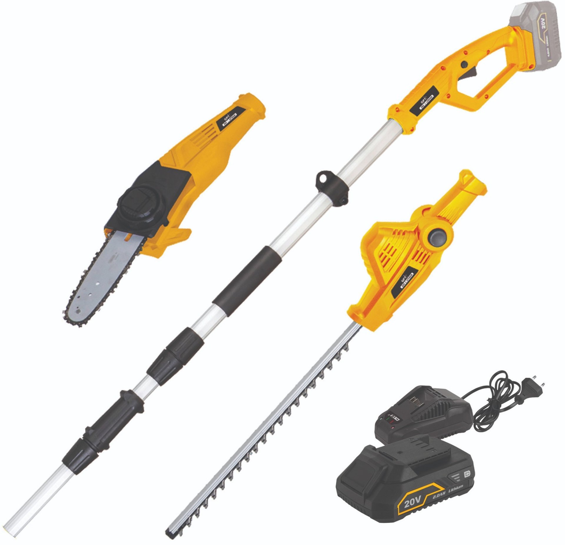 ערכת גוזם גדר חיה ומסור שרשרת 20V GPT עם מוט, סוללה ומטען