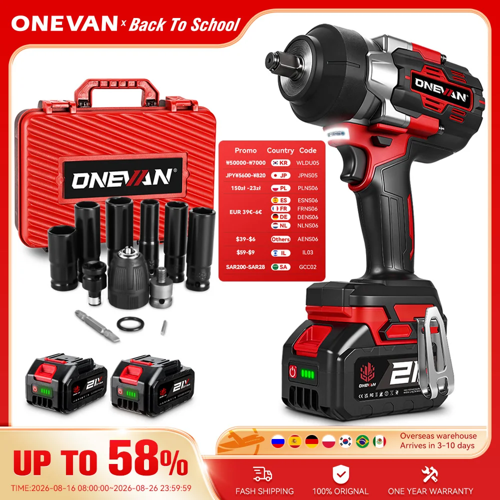 מפתח רטיטה עוצמתי דרייב 1/2 תואם מקיטה ONEVAN 18V ללא פחמים, מומנט 2800Nm